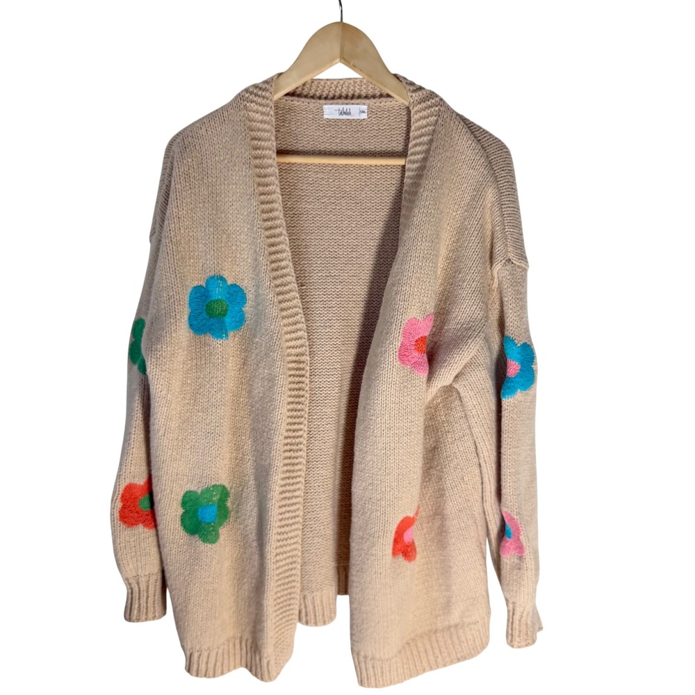 Talulah Womens Beige Floral Embroidered Open Front Knit Cardigan Sweater 1XL